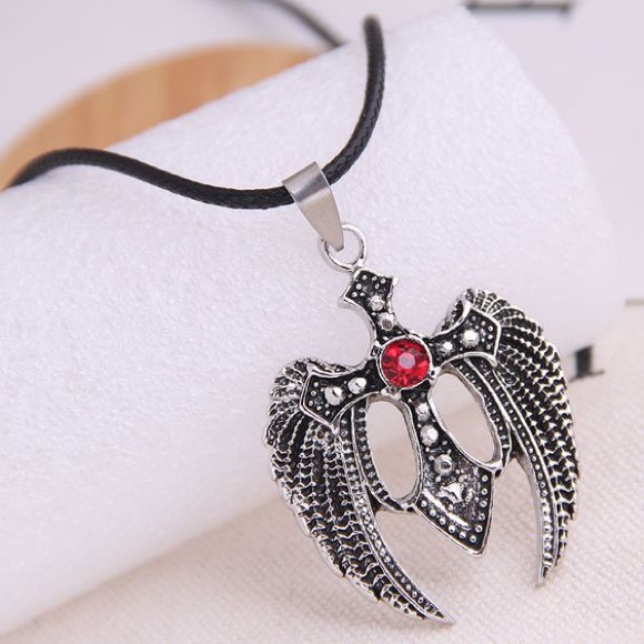 Jewelry - Silver Rhinestone Cross Angel Wings Necklace